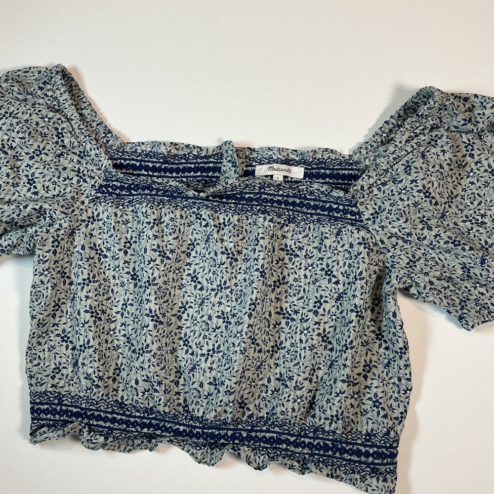 Madewell Jeanette Smocked Crop Top Florentine Floral Blue Size S